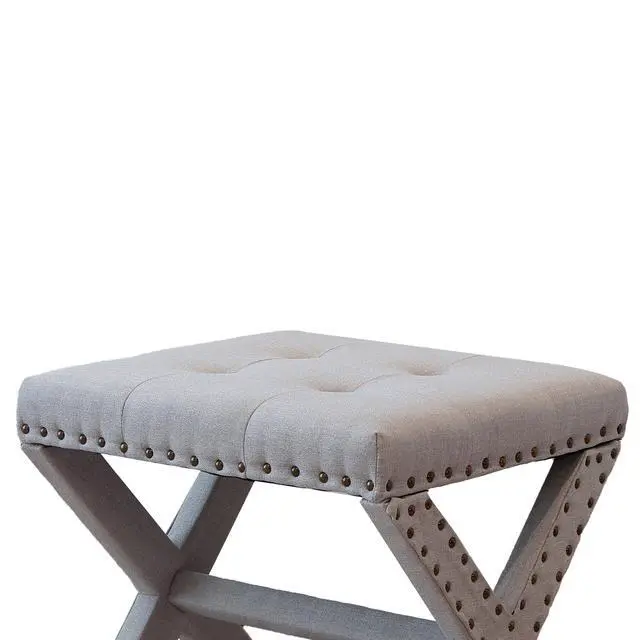 Alt view image 4 of 6 - Accent Stool, Tufted Linen Upholstered Chair, X-Base Wood Seat with Nailhead Trim, 17"D x 19"W x 17"H, 300 lbs Capacity