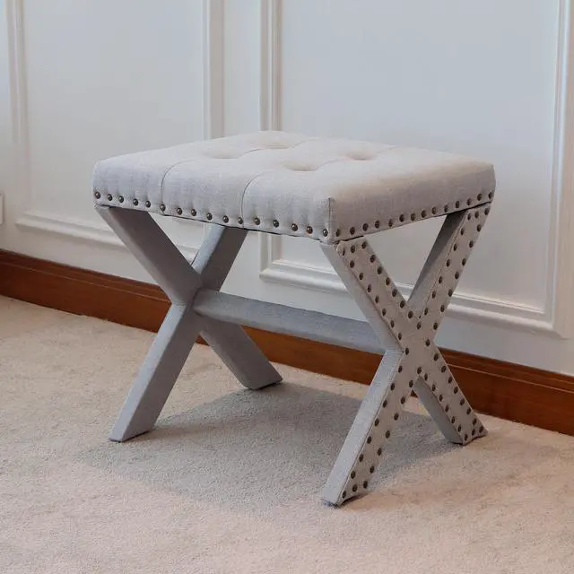 Alt view image 2 of 6 - Accent Stool, Tufted Linen Upholstered Chair, X-Base Wood Seat with Nailhead Trim, 17"D x 19"W x 17"H, 300 lbs Capacity
