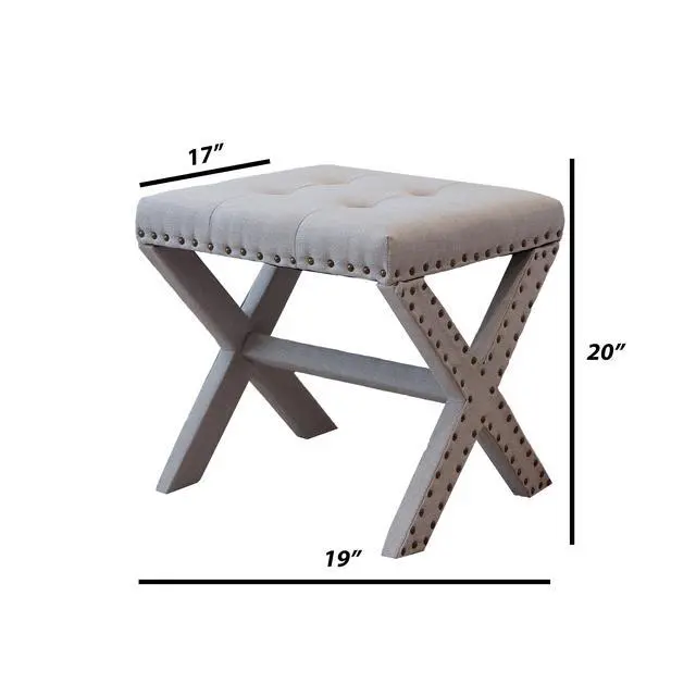Alt view image 3 of 6 - Accent Stool, Tufted Linen Upholstered Chair, X-Base Wood Seat with Nailhead Trim, 17"D x 19"W x 17"H, 300 lbs Capacity