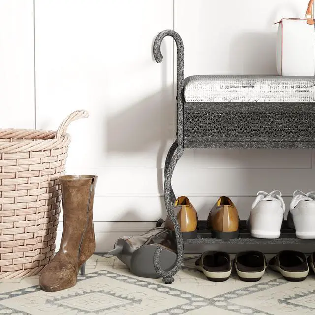 Alt view image 2 of 7 - Shoe Rack Bench for Entryway, Industrial Bench, Rustic Shoe Rack for Small Spaces, Upholstered Entryway Bench, Multipurpose Entryway