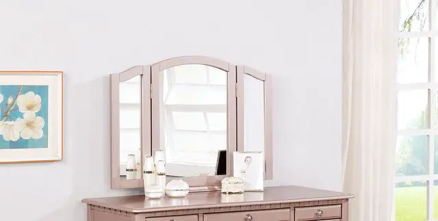 Alt view image 2 of 7 - Bedroom Contemporary Vanity Set w Foldable Mirror Stool Drawers Rose Gold Color