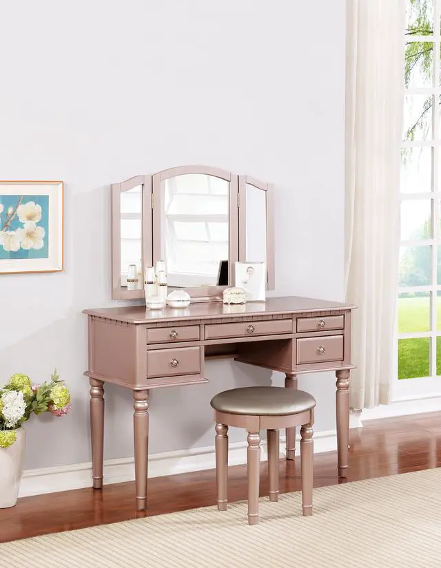 Main image of Bedroom Contemporary Vanity Set w Foldable Mirror Stool Drawers Rose Gold Color