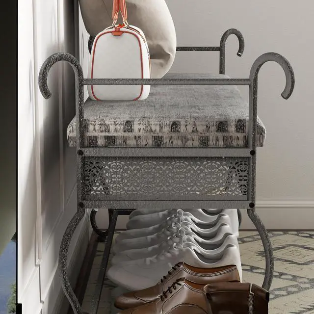 Alt view image 3 of 7 - Shoe Rack Bench for Entryway, Industrial Bench, Rustic Shoe Rack for Small Spaces, Upholstered Entryway Bench, Multipurpose Entryway