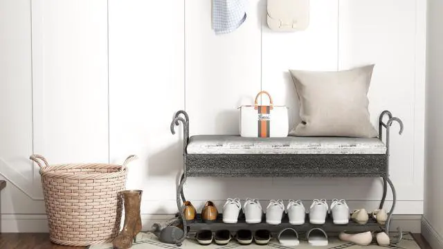 Alt view image 5 of 7 - Shoe Rack Bench for Entryway, Industrial Bench, Rustic Shoe Rack for Small Spaces, Upholstered Entryway Bench, Multipurpose Entryway