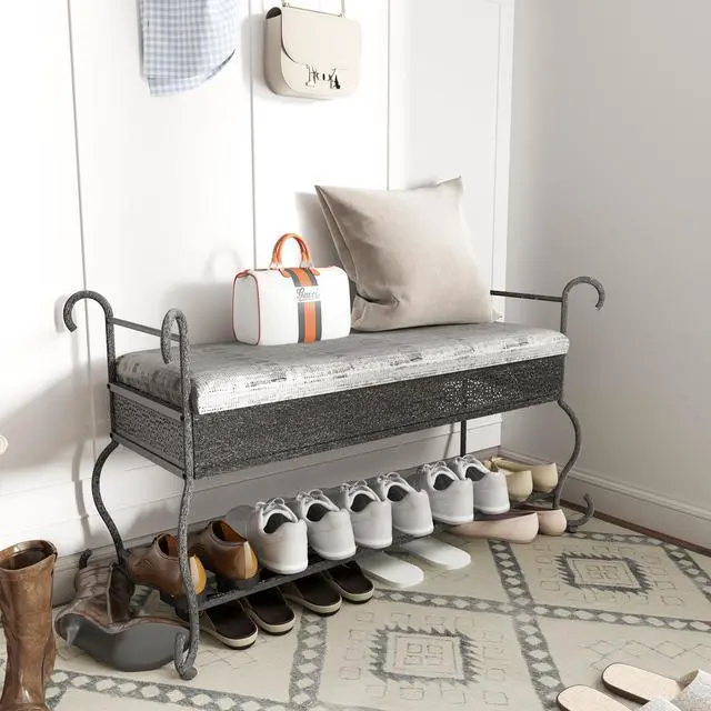 Alt view image 6 of 7 - Shoe Rack Bench for Entryway, Industrial Bench, Rustic Shoe Rack for Small Spaces, Upholstered Entryway Bench, Multipurpose Entryway