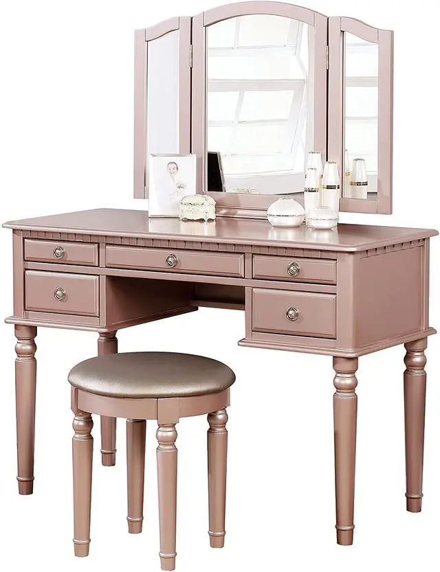 Alt view image 4 of 7 - Bedroom Contemporary Vanity Set w Foldable Mirror Stool Drawers Rose Gold Color