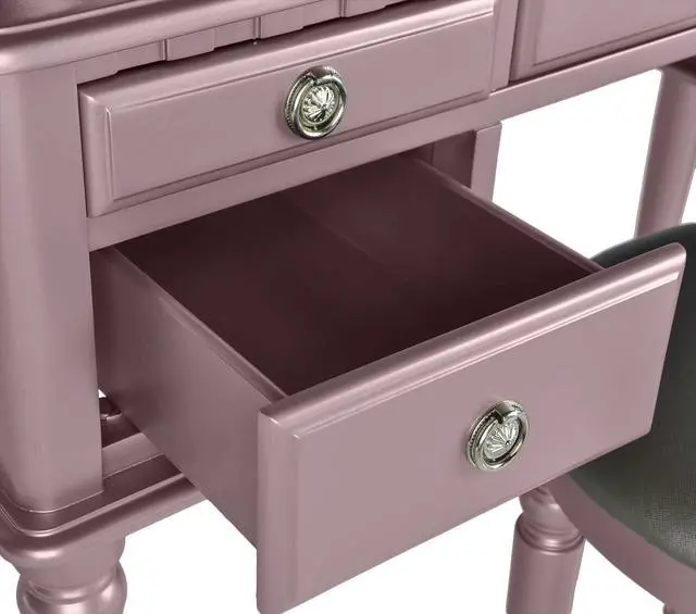 Alt view image 7 of 7 - Bedroom Contemporary Vanity Set w Foldable Mirror Stool Drawers Rose Gold Color