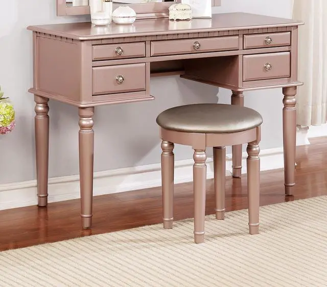 Alt view image 3 of 7 - Bedroom Contemporary Vanity Set w Foldable Mirror Stool Drawers Rose Gold Color