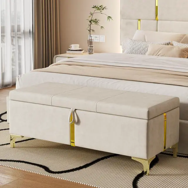 Main image of Elegant Upholstered Storage Ottoman,Storage Bench with Metal Legs for Bedroom,Living Room,Fully Assembled Except Legs,Beige