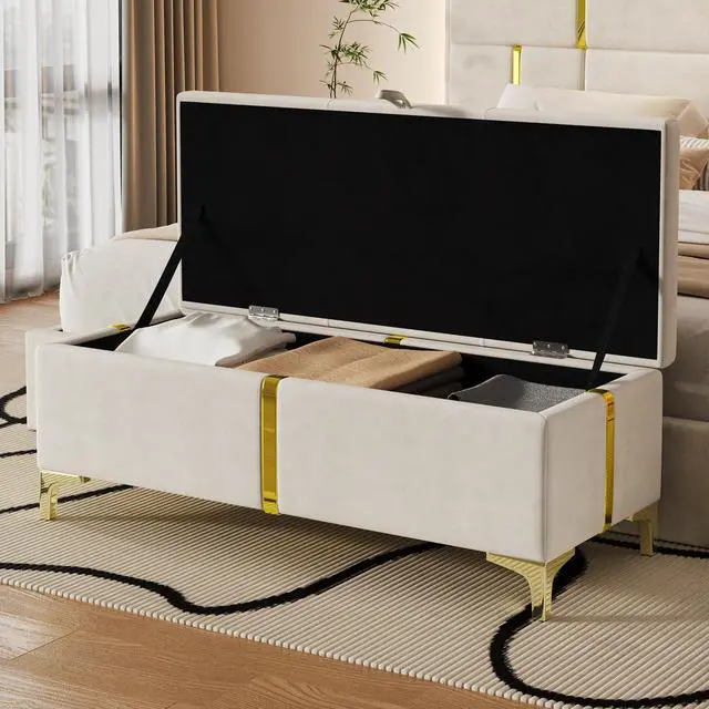 Alt view image 2 of 7 - Elegant Upholstered Storage Ottoman,Storage Bench with Metal Legs for Bedroom,Living Room,Fully Assembled Except Legs,Beige