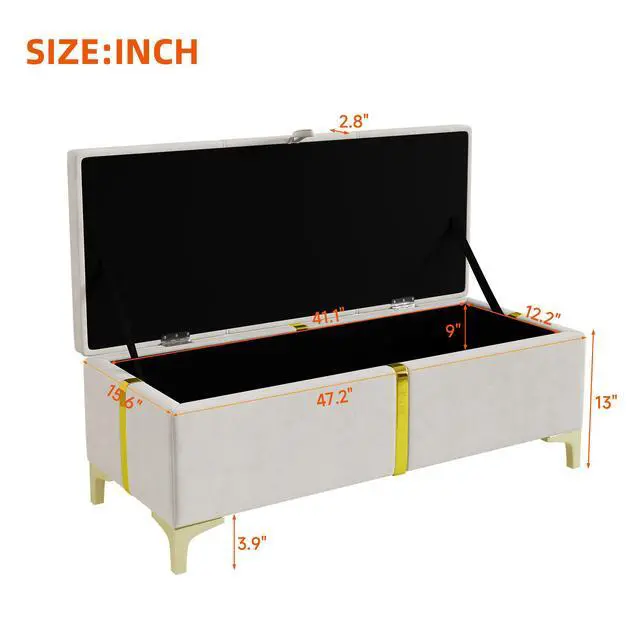 Alt view image 6 of 7 - Elegant Upholstered Storage Ottoman,Storage Bench with Metal Legs for Bedroom,Living Room,Fully Assembled Except Legs,Beige