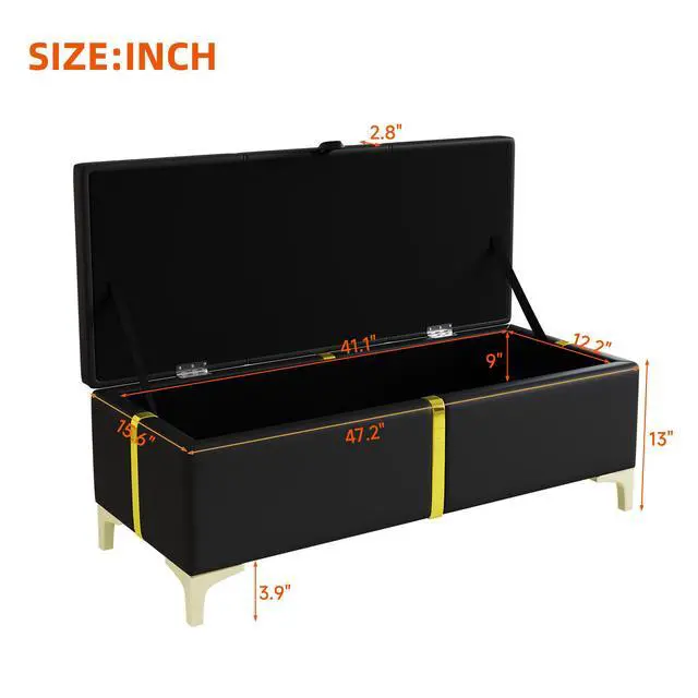 Alt view image 6 of 7 - Elegant Upholstered Storage Ottoman,Storage Bench with Metal Legs for Bedroom,Living Room,Fully Assembled Except Legs,Black