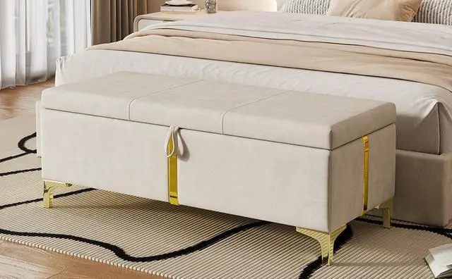 Alt view image 7 of 7 - Elegant Upholstered Storage Ottoman,Storage Bench with Metal Legs for Bedroom,Living Room,Fully Assembled Except Legs,Beige