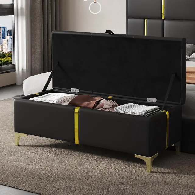 Alt view image 2 of 7 - Elegant Upholstered Storage Ottoman,Storage Bench with Metal Legs for Bedroom,Living Room,Fully Assembled Except Legs,Black