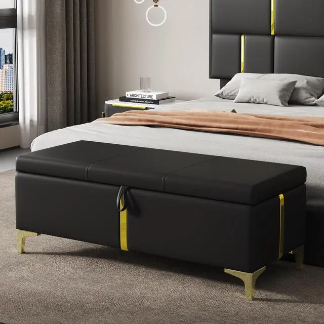 Main image of Elegant Upholstered Storage Ottoman,Storage Bench with Metal Legs for Bedroom,Living Room,Fully Assembled Except Legs,Black
