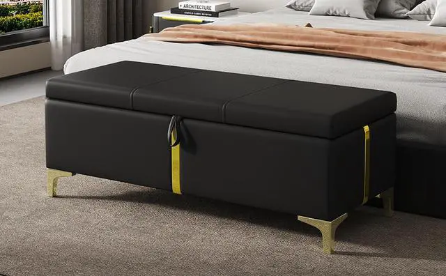 Alt view image 7 of 7 - Elegant Upholstered Storage Ottoman,Storage Bench with Metal Legs for Bedroom,Living Room,Fully Assembled Except Legs,Black