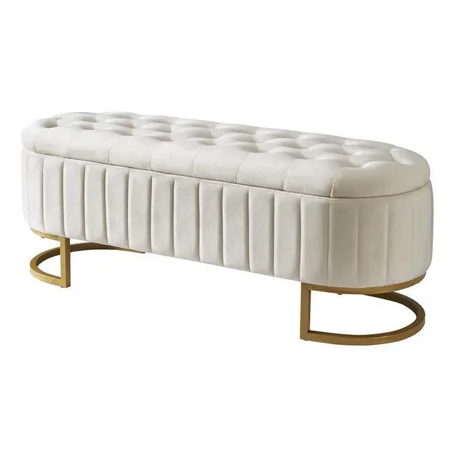 Alt view image 3 of 7 - Elegant Upholstered Velvet Storage Ottoman with Button-Tufted,Storage Bench with Metal Legs for Bedroom,Living Room,Fully Assembled Except Legs,Beige