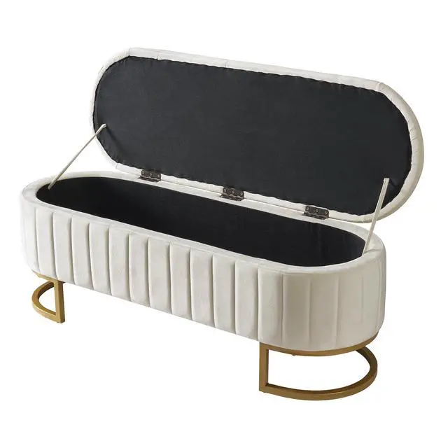 Alt view image 4 of 7 - Elegant Upholstered Velvet Storage Ottoman with Button-Tufted,Storage Bench with Metal Legs for Bedroom,Living Room,Fully Assembled Except Legs,Beige