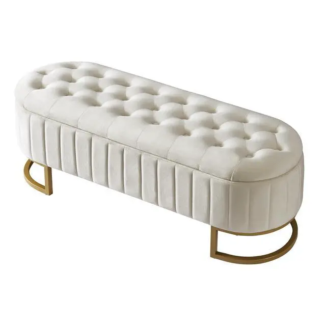 Alt view image 5 of 7 - Elegant Upholstered Velvet Storage Ottoman with Button-Tufted,Storage Bench with Metal Legs for Bedroom,Living Room,Fully Assembled Except Legs,Beige