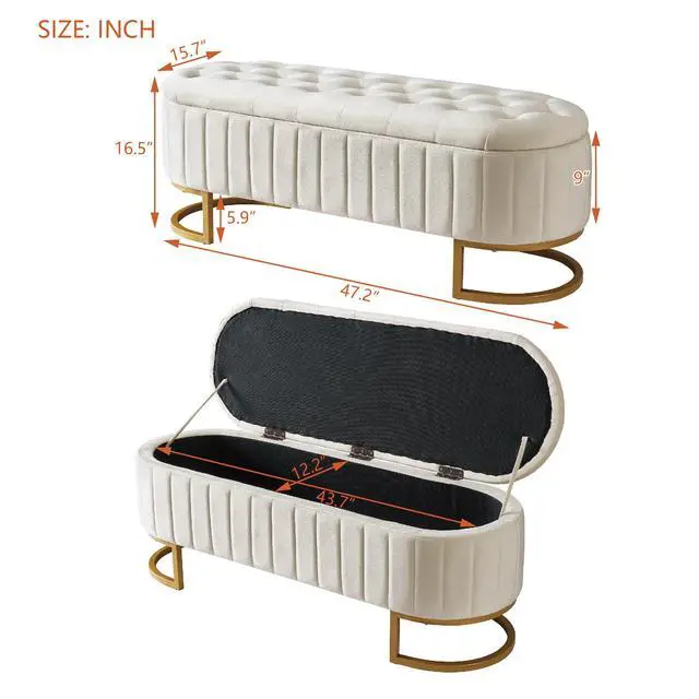 Alt view image 7 of 7 - Elegant Upholstered Velvet Storage Ottoman with Button-Tufted,Storage Bench with Metal Legs for Bedroom,Living Room,Fully Assembled Except Legs,Beige
