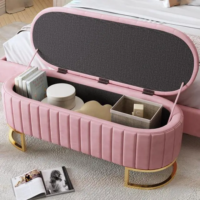 Alt view image 2 of 7 - Elegant Upholstered Velvet Storage Ottoman with Button-Tufted,Storage Bench with Metal Legs for Bedroom,Living Room,Fully Assembled Except Legs,Pink