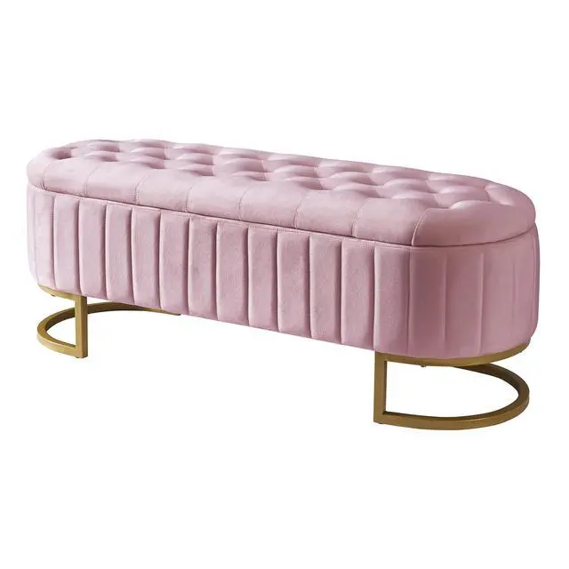 Alt view image 3 of 7 - Elegant Upholstered Velvet Storage Ottoman with Button-Tufted,Storage Bench with Metal Legs for Bedroom,Living Room,Fully Assembled Except Legs,Pink