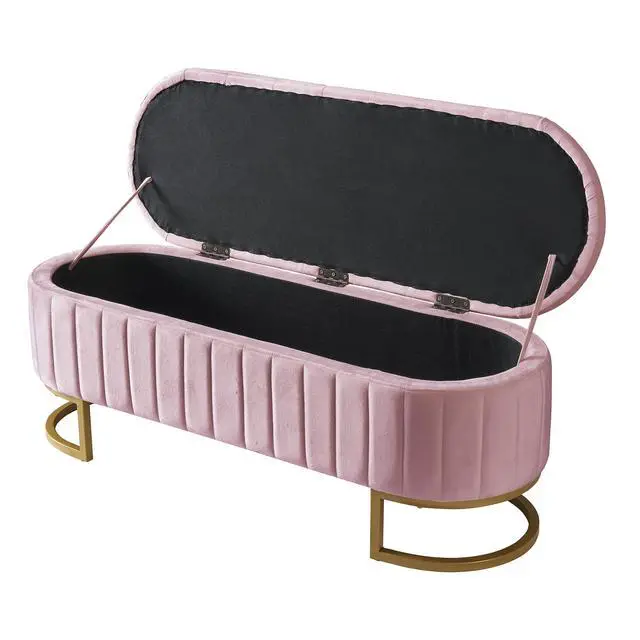 Alt view image 4 of 7 - Elegant Upholstered Velvet Storage Ottoman with Button-Tufted,Storage Bench with Metal Legs for Bedroom,Living Room,Fully Assembled Except Legs,Pink