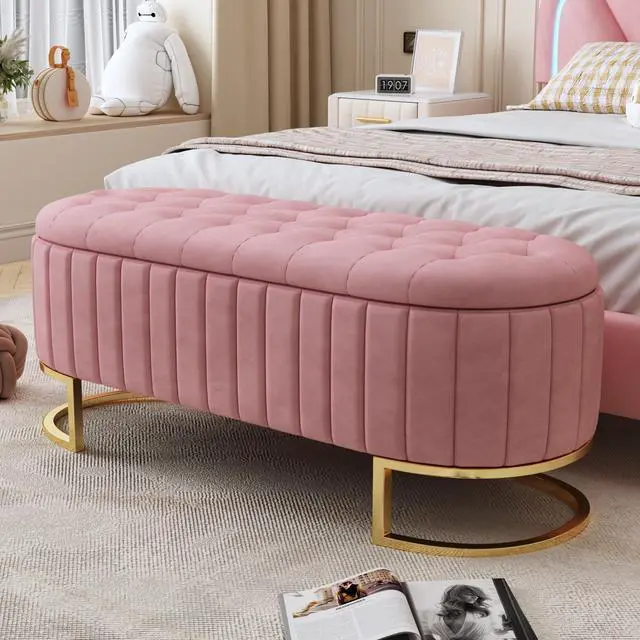 Main image of Elegant Upholstered Velvet Storage Ottoman with Button-Tufted,Storage Bench with Metal Legs for Bedroom,Living Room,Fully Assembled Except Legs,Pink