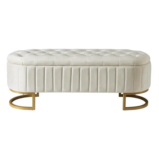 Alt view image 6 of 7 - Elegant Upholstered Velvet Storage Ottoman with Button-Tufted,Storage Bench with Metal Legs for Bedroom,Living Room,Fully Assembled Except Legs,Beige