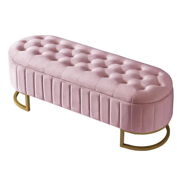Alt view image 6 of 7 - Elegant Upholstered Velvet Storage Ottoman with Button-Tufted,Storage Bench with Metal Legs for Bedroom,Living Room,Fully Assembled Except Legs,Pink