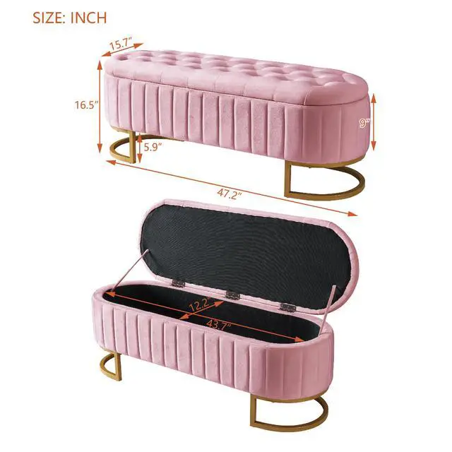 Alt view image 7 of 7 - Elegant Upholstered Velvet Storage Ottoman with Button-Tufted,Storage Bench with Metal Legs for Bedroom,Living Room,Fully Assembled Except Legs,Pink
