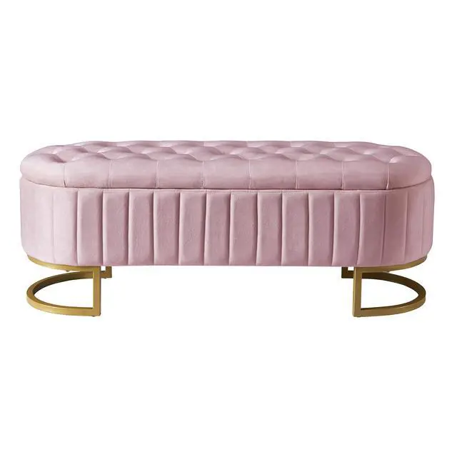 Alt view image 5 of 7 - Elegant Upholstered Velvet Storage Ottoman with Button-Tufted,Storage Bench with Metal Legs for Bedroom,Living Room,Fully Assembled Except Legs,Pink