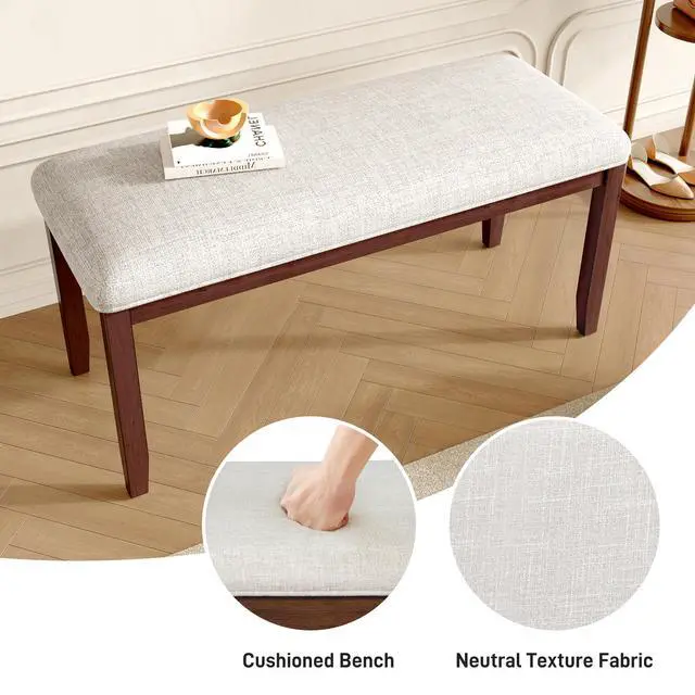 Alt view image 3 of 7 - Upholstered Bench for Bedroom End of Bed,38-inch Entryway Bench for Living Room,Dining Bench with Padded Seat and Solid Wood Leg for Kitchen Bedroom,Indoor and Hallway (Bench, Beige+Cherry)