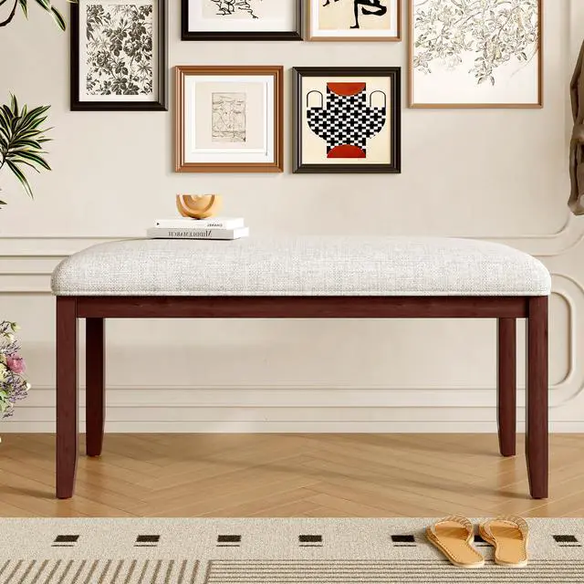 Alt view image 2 of 7 - Upholstered Bench for Bedroom End of Bed,38-inch Entryway Bench for Living Room,Dining Bench with Padded Seat and Solid Wood Leg for Kitchen Bedroom,Indoor and Hallway (Bench, Beige+Cherry)