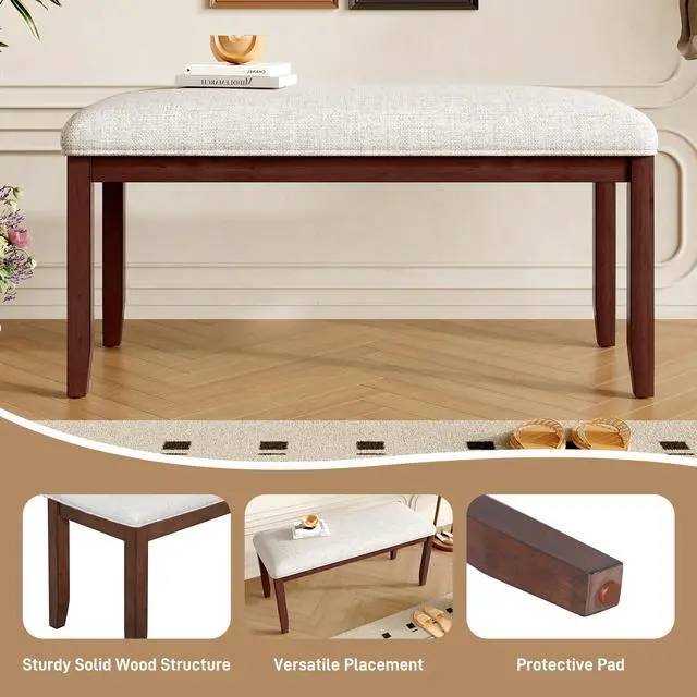 Alt view image 4 of 7 - Upholstered Bench for Bedroom End of Bed,38-inch Entryway Bench for Living Room,Dining Bench with Padded Seat and Solid Wood Leg for Kitchen Bedroom,Indoor and Hallway (Bench, Beige+Cherry)
