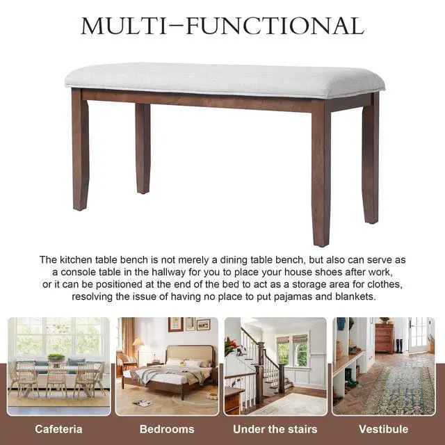 Alt view image 6 of 7 - Upholstered Bench for Bedroom End of Bed,38-inch Entryway Bench for Living Room,Dining Bench with Padded Seat and Solid Wood Leg for Kitchen Bedroom,Indoor and Hallway (Bench, Beige+Cherry)
