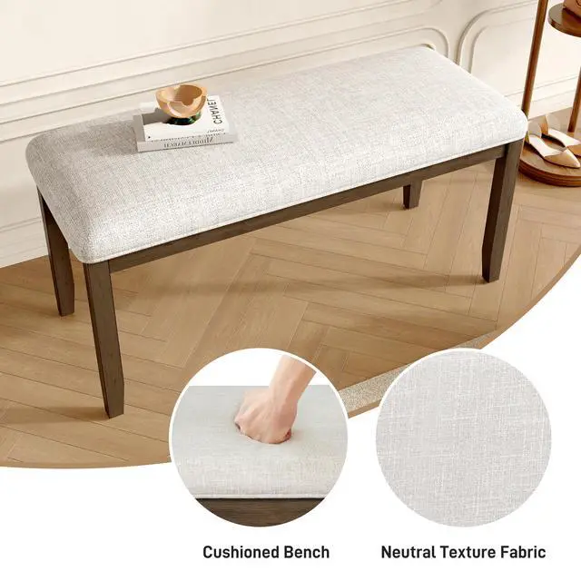 Alt view image 3 of 7 - Upholstered Bench for Bedroom End of Bed,38-inch Entryway Bench for Living Room,Dining Bench with Padded Seat and Solid Wood Leg for Kitchen Bedroom,Indoor and Hallway (Bench, Beige+Brown)