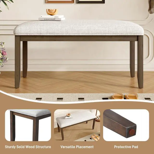 Alt view image 4 of 7 - Upholstered Bench for Bedroom End of Bed,38-inch Entryway Bench for Living Room,Dining Bench with Padded Seat and Solid Wood Leg for Kitchen Bedroom,Indoor and Hallway (Bench, Beige+Brown)