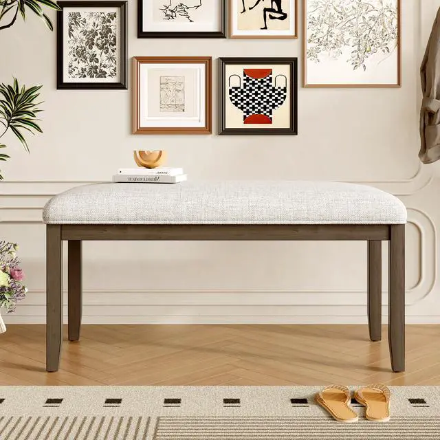 Alt view image 2 of 7 - Upholstered Bench for Bedroom End of Bed,38-inch Entryway Bench for Living Room,Dining Bench with Padded Seat and Solid Wood Leg for Kitchen Bedroom,Indoor and Hallway (Bench, Beige+Brown)