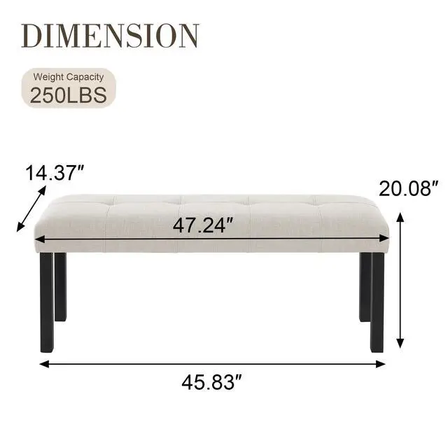 Alt view image 2 of 7 - Modern Tufted Linen Dining Bench, Farmhouse Upholstered Entryway Bench with Black Rubber Wood Legs, Versatile for Kitchen, Bedroom, Hallway, Beige