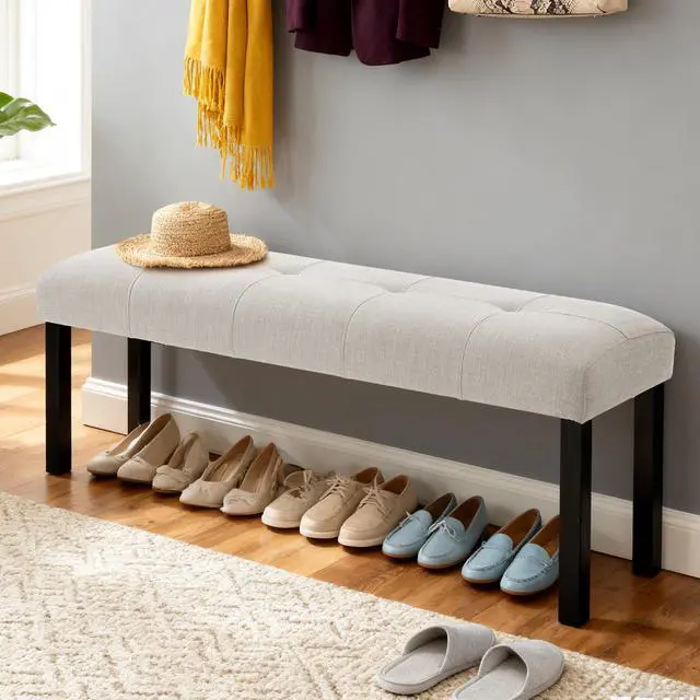 Main image of Modern Tufted Linen Dining Bench, Farmhouse Upholstered Entryway Bench with Black Rubber Wood Legs, Versatile for Kitchen, Bedroom, Hallway, Beige