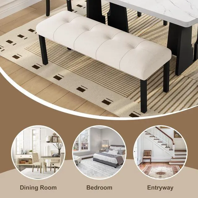 Alt view image 3 of 7 - Modern Tufted Linen Dining Bench, Farmhouse Upholstered Entryway Bench with Black Rubber Wood Legs, Versatile for Kitchen, Bedroom, Hallway, Beige