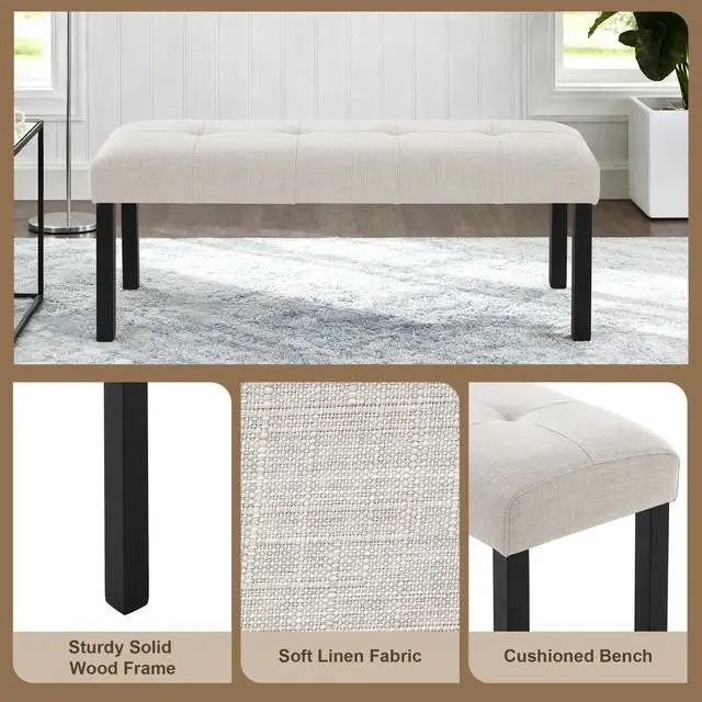 Alt view image 4 of 7 - Modern Tufted Linen Dining Bench, Farmhouse Upholstered Entryway Bench with Black Rubber Wood Legs, Versatile for Kitchen, Bedroom, Hallway, Beige