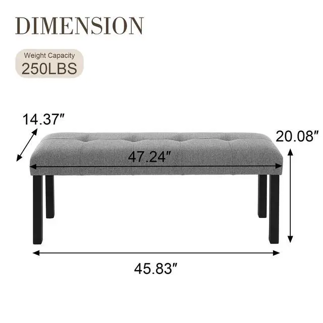 Alt view image 2 of 7 - Modern Tufted Linen Dining Bench, Farmhouse Upholstered Entryway Bench With Black Rubber Wood Legs, Versatile For Kitchen, Bedroom, Hallway, Gray