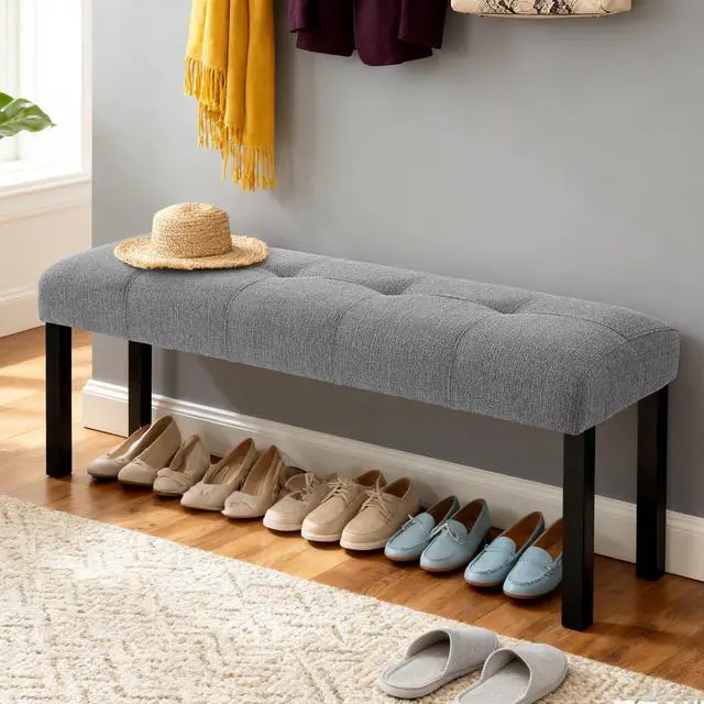 Main image of Modern Tufted Linen Dining Bench, Farmhouse Upholstered Entryway Bench With Black Rubber Wood Legs, Versatile For Kitchen, Bedroom, Hallway, Gray