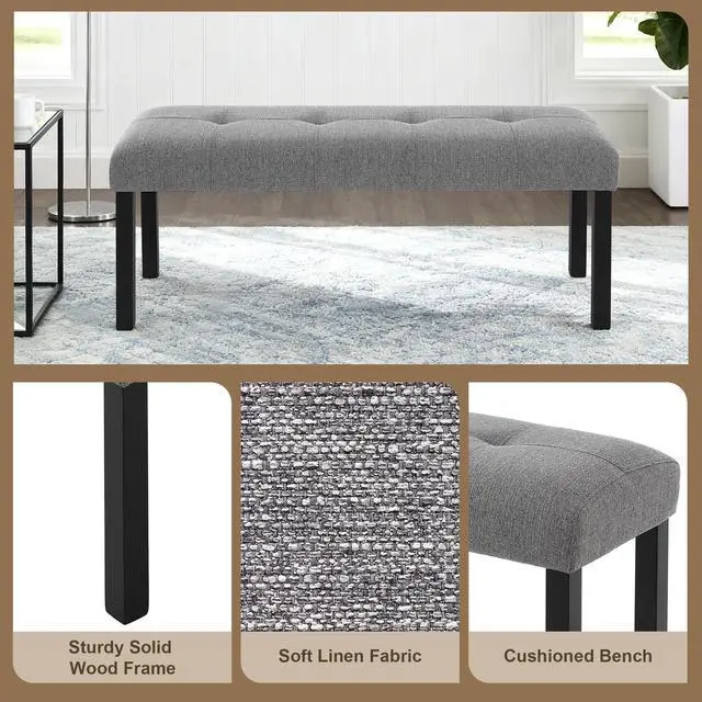 Alt view image 4 of 7 - Modern Tufted Linen Dining Bench, Farmhouse Upholstered Entryway Bench With Black Rubber Wood Legs, Versatile For Kitchen, Bedroom, Hallway, Gray