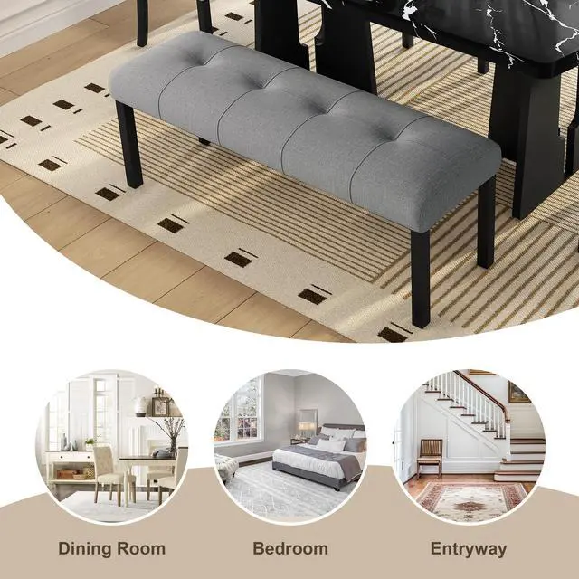 Alt view image 3 of 7 - Modern Tufted Linen Dining Bench, Farmhouse Upholstered Entryway Bench With Black Rubber Wood Legs, Versatile For Kitchen, Bedroom, Hallway, Gray