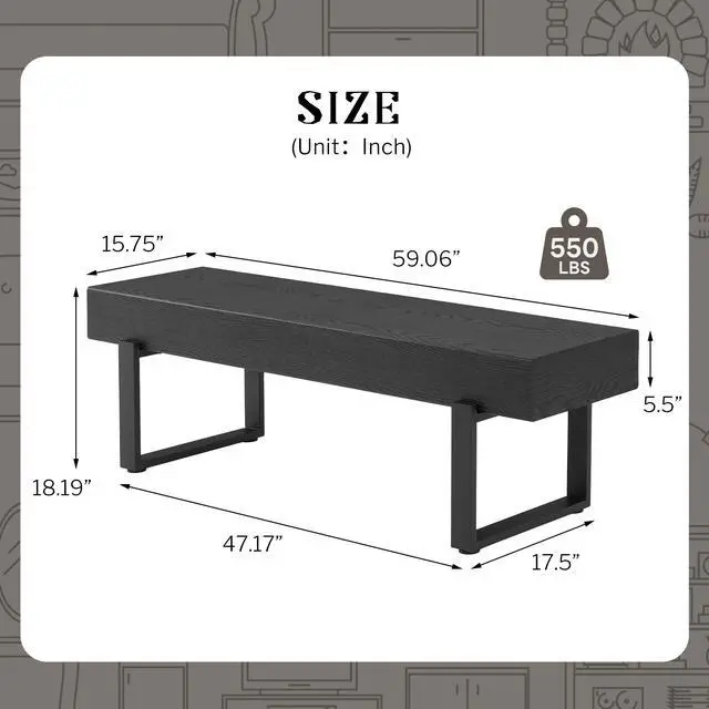 Alt view image 2 of 7 - 59" Wood Bench for Bedroom End of Bed, Farmhouse Indoor Kitchen Table Benches,Versatile Modern Shoe Bench for Entryway, Black
