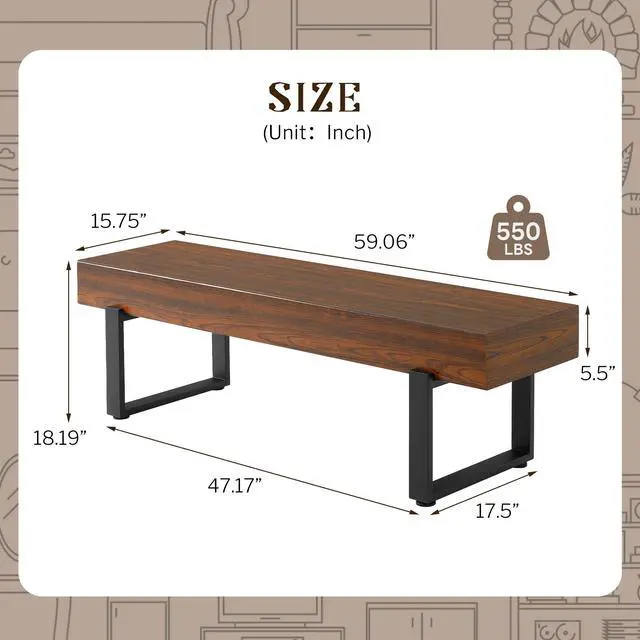 Alt view image 2 of 7 - 59" Wood Bench for Bedroom End of Bed, Farmhouse Indoor Kitchen Table Benches,Versatile Modern Shoe Bench for Entryway, Espresso