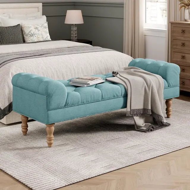 Main image of Button-Tufted End of Bed Bench,Large Upholstered Ottoman,Foot Rest with Legs,Footstool with Rolled Arms,Upholstered Fabric Bench,Indoor Bench for Bedroom,Living Room,Entryway,Dusty Teal